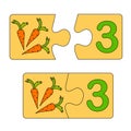 Educational game for kids. Find the right picture for the number. Puzzle with number three and carrots. Puzzle Game