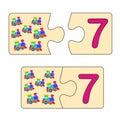 Educational game for kids. Find right picture for number. Puzzle with number seven and toys trains. Puzzle Game, Mosaic Royalty Free Stock Photo