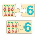 Educational game for kids. Find right picture for number. Puzzle with number six and toys soft rabbit. Puzzle Game Royalty Free Stock Photo