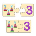 Educational game for kids. Find right picture for number. Puzzle with number three and pyramids. Puzzle Game, Mosaic