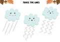 Educational game for kids. Preschool worksheet. Trace the lines. Cute clouds
