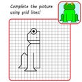 Educational game for kids. Simple exercise Frog. Drawing using grid. Symmetrical drawing.