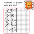 Educational game for kids. Simple exercise Lion. Drawing using grid. Symmetrical drawing.