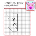 Educational game for kids. Simple exercise Pig. Drawing using grid. Symmetrical drawing.