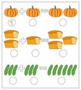 Educational game for kids. Solve math examples for addition. Fold pumpkin, bread, cucumbers