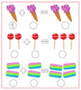 Educational game for kids. Solve math examples for addition. Fold sweets: ice cream, lollipops