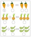 Educational game for kids. Solve math examples for addition. Fold vegetables: pepper, onion, zucchini