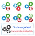 Educational game for kids. Task for attentiveness. Find a cogwheel from which the shadow falls.