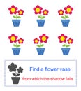 Educational game for kids. Task for attentiveness. Find a flower vase from which the shadow falls.