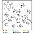 Educational game for kids and toddlers. Color by numbers. Printable worksheet for children. Coloring page with cow