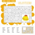 Educational game for kids. Word search puzzle with clothes. Kids activity sheet
