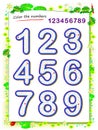 Educational game for little children to study numbers. Coloring book. Paint each number. Printable worksheet for school math