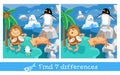 Educational game, puzzle for children. Find 7 differences. Cute penguin, seal and seagulls among the ice, icebergs in Royalty Free Stock Photo