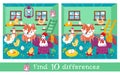 Educational game, puzzle for children. Find 10 Differences. Funny rooster and chicken family with fox in hen house. Cute