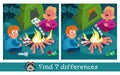 Educational game, puzzle for kids. Find 7 differences. Children with marshmallows by fire in forest. Hike in woods. Cute Royalty Free Stock Photo