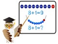 Educational games for children, mathematical addition, formation number nine, with owl teacher. Royalty Free Stock Photo