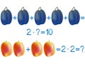 Educational games for children, multiplication action, example with plums and peaches.