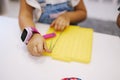 Educational games in kindergarden. Children play using rubber bands Royalty Free Stock Photo