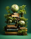 Educational geography concept. History antique globes with books. Generative AI Royalty Free Stock Photo