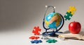 Educational Globe with Stethoscope and Puzzle Pieces on White Background Royalty Free Stock Photo