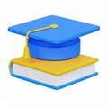 Educational graduation cap resting on book 3D render on transparent background Royalty Free Stock Photo