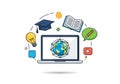 Are educational icons: a graduation cap, an open book, a lightbulb, a Royalty Free Stock Photo