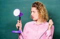Educational idea. student girl working with electricity. enlightenment. idea and inspiration. teacher with lamp at