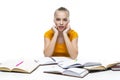 Educational Ideas. Portrait of Exhausted Caucasian Teenager Girl Posing with Lots of Books. Isolated On White