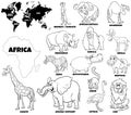 Educational illustration of African animals color book page
