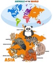 Educational illustration of cartoon Asian animals and world map