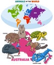 Educational illustration with cartoon Australian animals and map