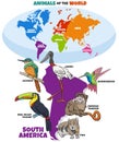 Educational illustration with cartoon South American animals