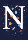 Letter N with the theme of outer space for Children. Letter graphic vector illustration for kids on outer space theme. space kids Royalty Free Stock Photo
