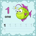 Educational illustration to learn how to count and write a number one. Worksheet for kindergarten and preschool. Monkfish