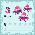 Educational illustration to learn how to count and write a number three. Worksheet for kindergarten and preschool. Octopus Royalty Free Stock Photo