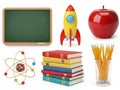Educational items chalkboard rocket apple books pencils atom isolated on white background Royalty Free Stock Photo