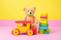 Educational kids toys collection, bear, wooden train. Generative AI