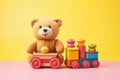 Educational kids toys collection, bear, wooden train. Generative AI