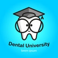 Educational logo. White tooth with big glasses. Trowel, square academic cap, graduation hat icon. Vector