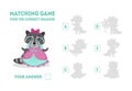 Educational Matching Game for Preschool Kids, Find the Correct Shadow with Cute Raccoon Girl Animal Character Vector