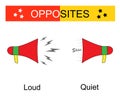 Educational material for kids. Opposites words: quiet and loud.