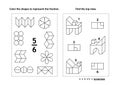 Educational math activity page with two puzzles and coloring - fractions, spatial skills Royalty Free Stock Photo