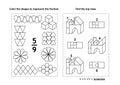 Educational math activity page with two puzzles and coloring - fractions, spatial skills