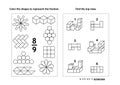 Educational math activity page with two puzzles and coloring - fractions, spatial skills Royalty Free Stock Photo