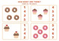 Educational math game for kids. Count donuts and cupcakes