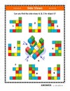 Educational math puzzle with building blocks: Can you find the side views A, B, C for object 5?
