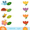 Educational a mathematical game. Worksheet with multiplication by seven. Set of insects