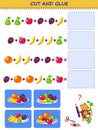 Educational mathematical page for children. Using scissors cut and glue the dishes. Count fruits and find correct place for all