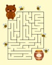 Educational maze for children, drawn bear, bees and a barrel of honey. Baby preschool illustration, education concept