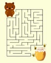 Educational maze for children, drawn bear, bees and a jar of honey. Baby preschool illustration, education concept